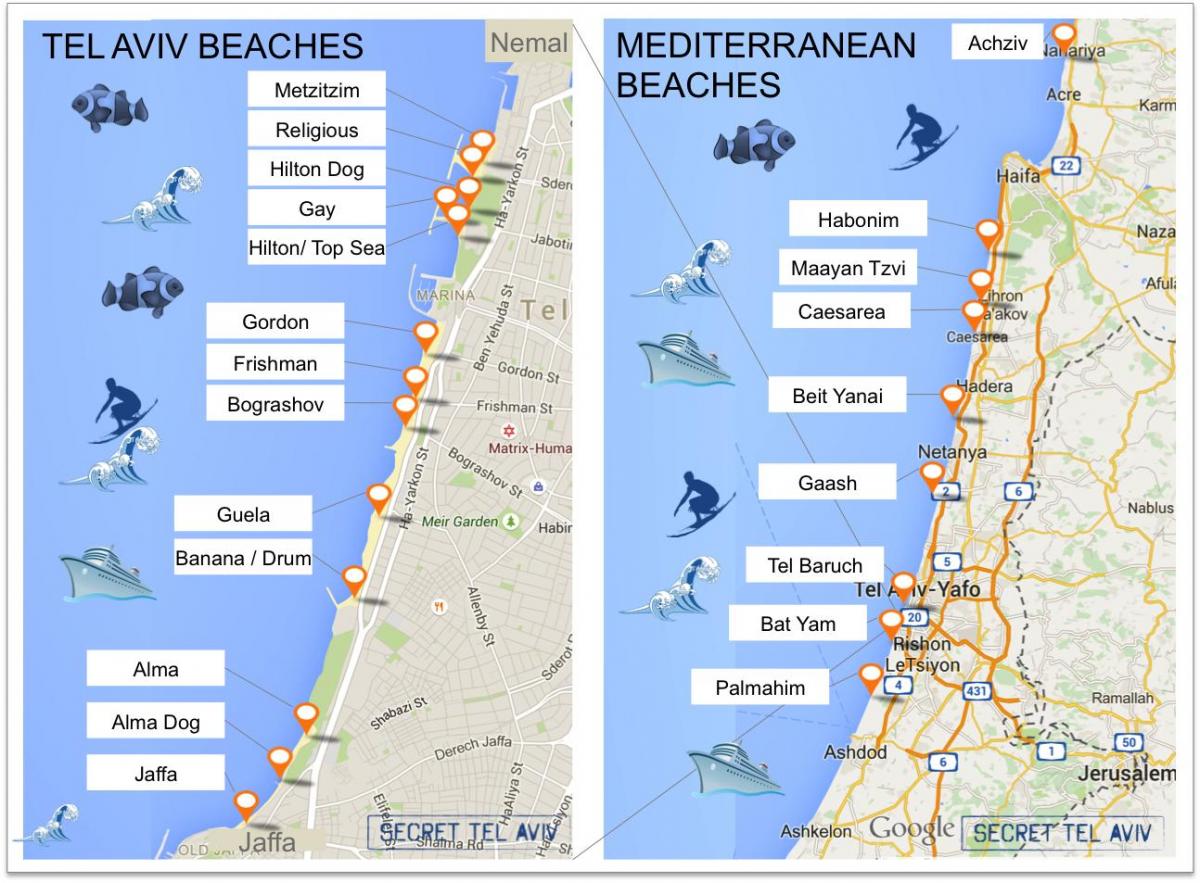 mapa Tel Avivu pláže